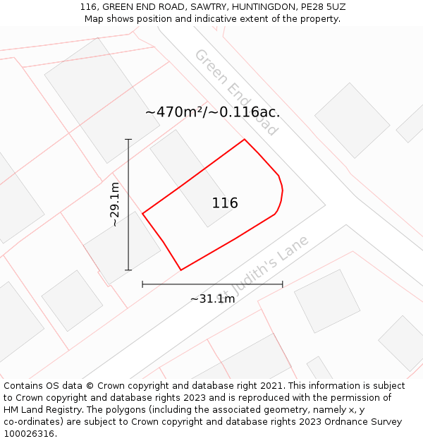 116, GREEN END ROAD, SAWTRY, HUNTINGDON, PE28 5UZ: Plot and title map