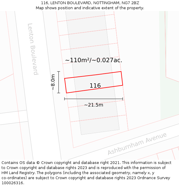 116, LENTON BOULEVARD, NOTTINGHAM, NG7 2BZ: Plot and title map