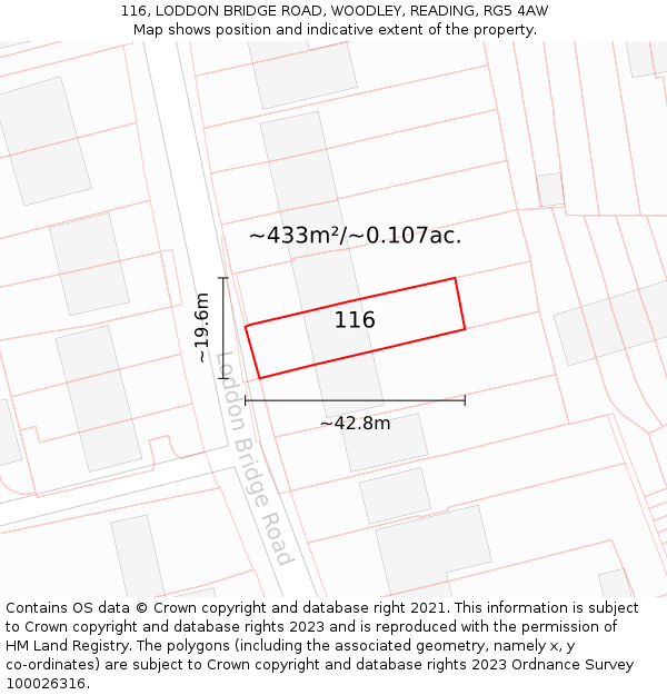 116, LODDON BRIDGE ROAD, WOODLEY, READING, RG5 4AW: Plot and title map
