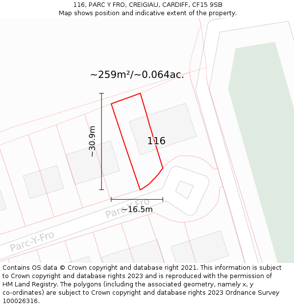 116, PARC Y FRO, CREIGIAU, CARDIFF, CF15 9SB: Plot and title map