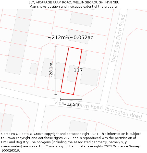 117, VICARAGE FARM ROAD, WELLINGBOROUGH, NN8 5EU: Plot and title map