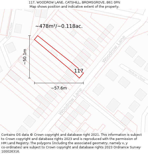 117, WOODROW LANE, CATSHILL, BROMSGROVE, B61 0PN: Plot and title map