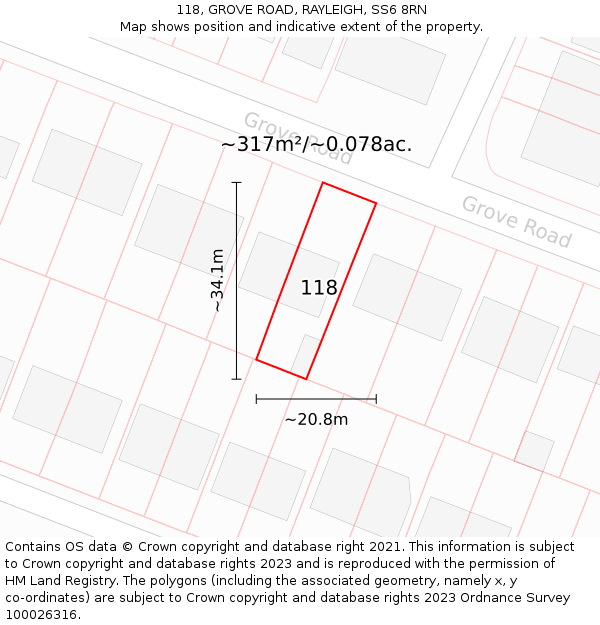 118, GROVE ROAD, RAYLEIGH, SS6 8RN: Plot and title map