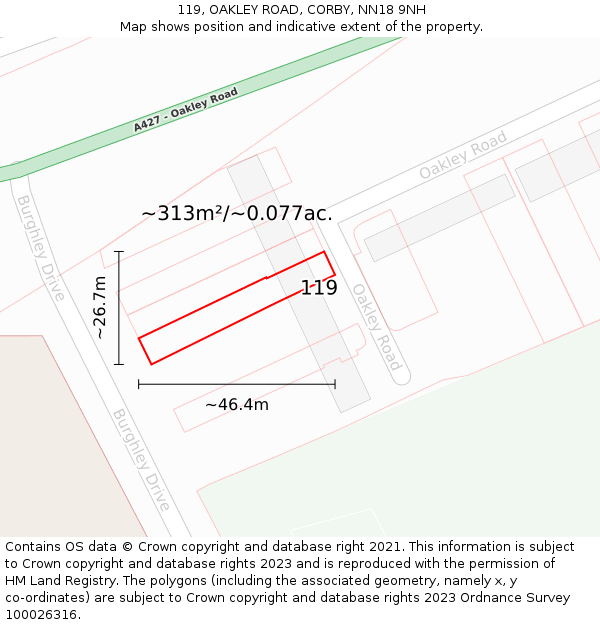 119, OAKLEY ROAD, CORBY, NN18 9NH: Plot and title map