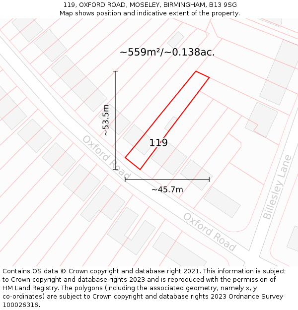 119, OXFORD ROAD, MOSELEY, BIRMINGHAM, B13 9SG: Plot and title map