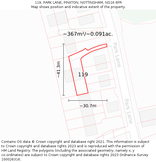 119, PARK LANE, PINXTON, NOTTINGHAM, NG16 6PR: Plot and title map