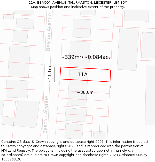 11A, BEACON AVENUE, THURMASTON, LEICESTER, LE4 8DY: Plot and title map