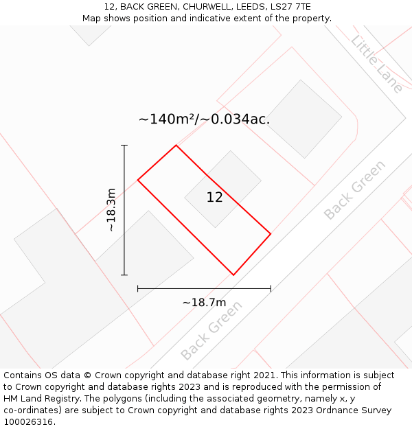 12, BACK GREEN, CHURWELL, LEEDS, LS27 7TE: Plot and title map