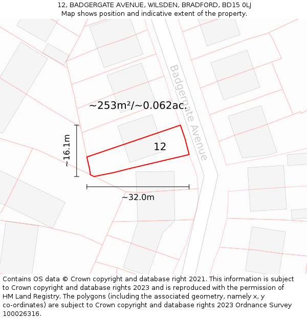 12, BADGERGATE AVENUE, WILSDEN, BRADFORD, BD15 0LJ: Plot and title map