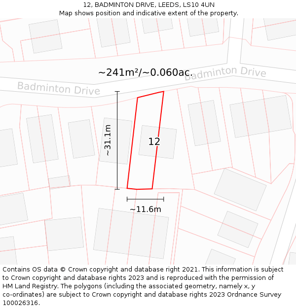 12, BADMINTON DRIVE, LEEDS, LS10 4UN: Plot and title map