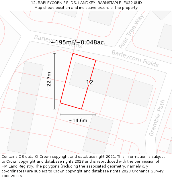 12, BARLEYCORN FIELDS, LANDKEY, BARNSTAPLE, EX32 0UD: Plot and title map