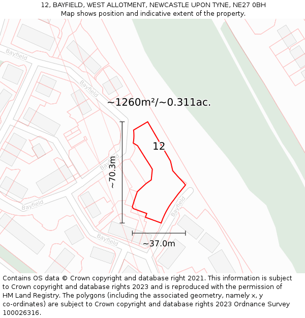 12, BAYFIELD, WEST ALLOTMENT, NEWCASTLE UPON TYNE, NE27 0BH: Plot and title map