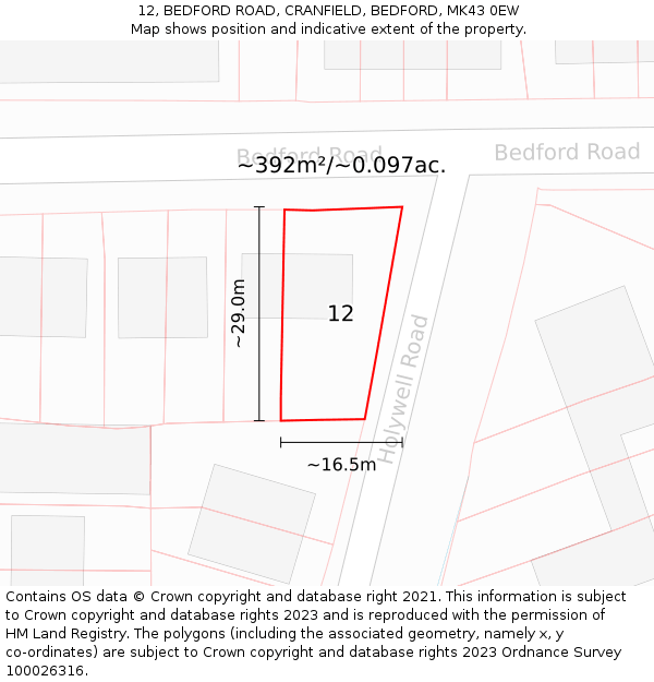 12, BEDFORD ROAD, CRANFIELD, BEDFORD, MK43 0EW: Plot and title map