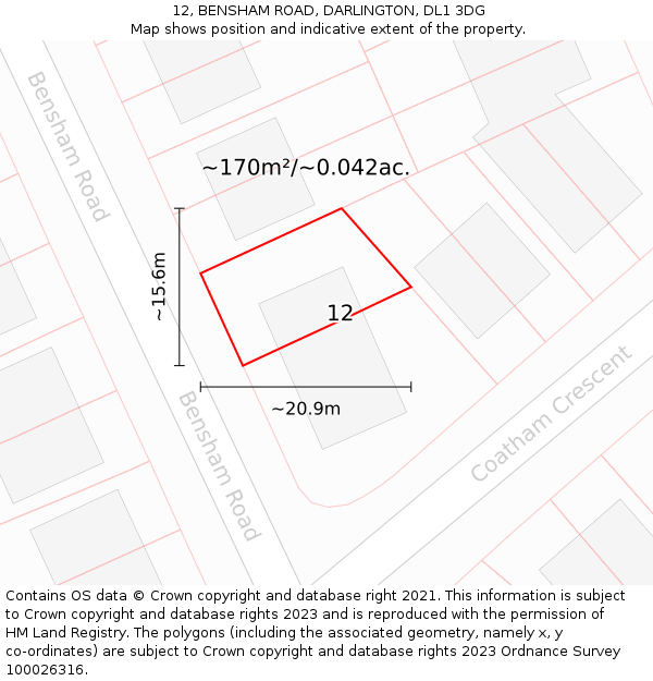 12, BENSHAM ROAD, DARLINGTON, DL1 3DG: Plot and title map