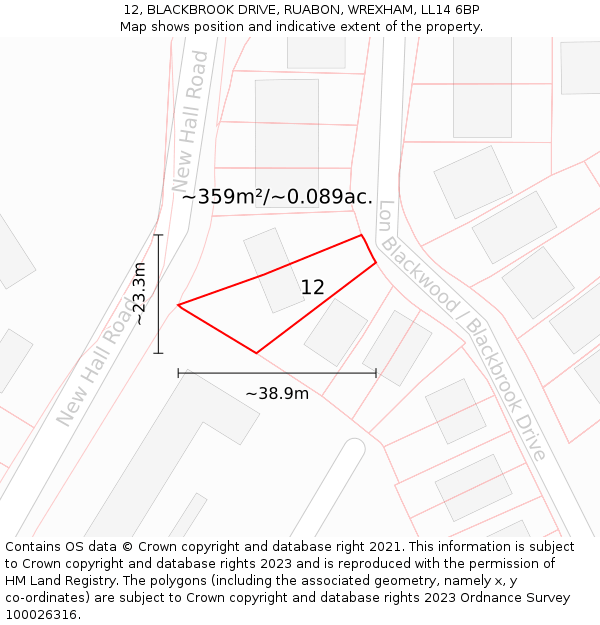 12, BLACKBROOK DRIVE, RUABON, WREXHAM, LL14 6BP: Plot and title map