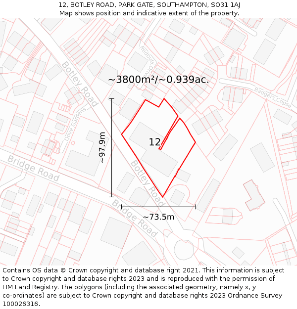 12, BOTLEY ROAD, PARK GATE, SOUTHAMPTON, SO31 1AJ: Plot and title map