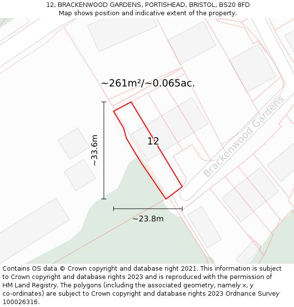 12, BRACKENWOOD GARDENS, PORTISHEAD, BRISTOL, BS20 8FD: Plot and title map