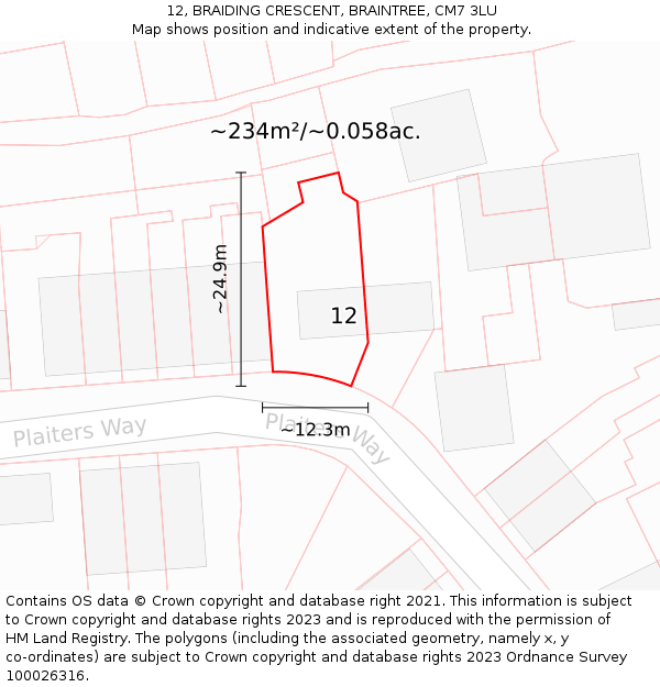 12, BRAIDING CRESCENT, BRAINTREE, CM7 3LU: Plot and title map