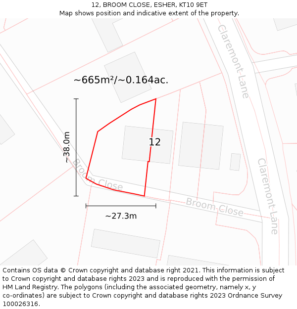 12, BROOM CLOSE, ESHER, KT10 9ET: Plot and title map