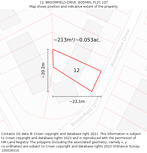 12, BROOMFIELD DRIVE, BODMIN, PL31 1QT: Plot and title map