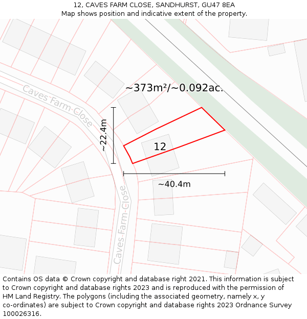 12, CAVES FARM CLOSE, SANDHURST, GU47 8EA: Plot and title map