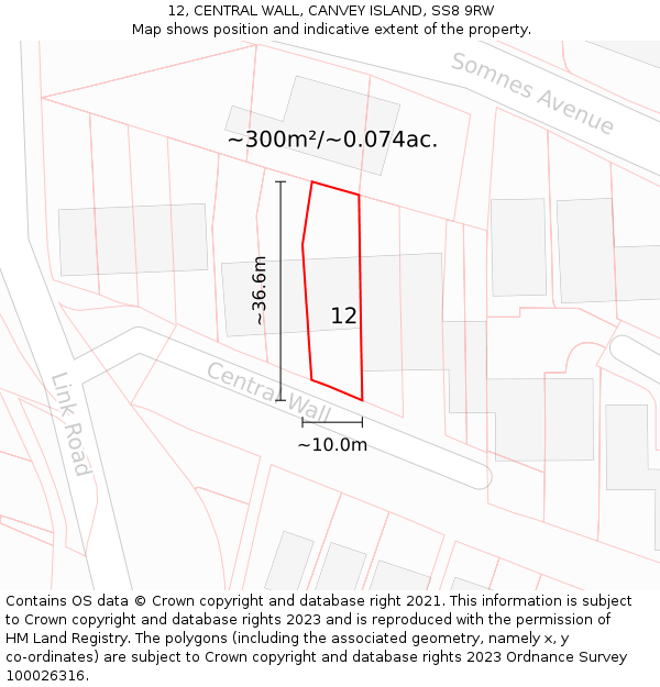 12, CENTRAL WALL, CANVEY ISLAND, SS8 9RW: Plot and title map