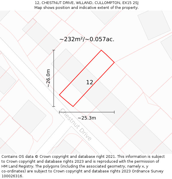 12, CHESTNUT DRIVE, WILLAND, CULLOMPTON, EX15 2SJ: Plot and title map