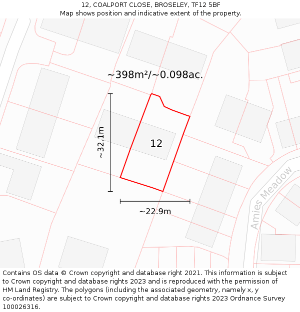 12, COALPORT CLOSE, BROSELEY, TF12 5BF: Plot and title map