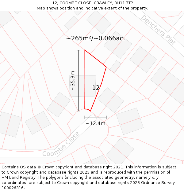 12, COOMBE CLOSE, CRAWLEY, RH11 7TP: Plot and title map