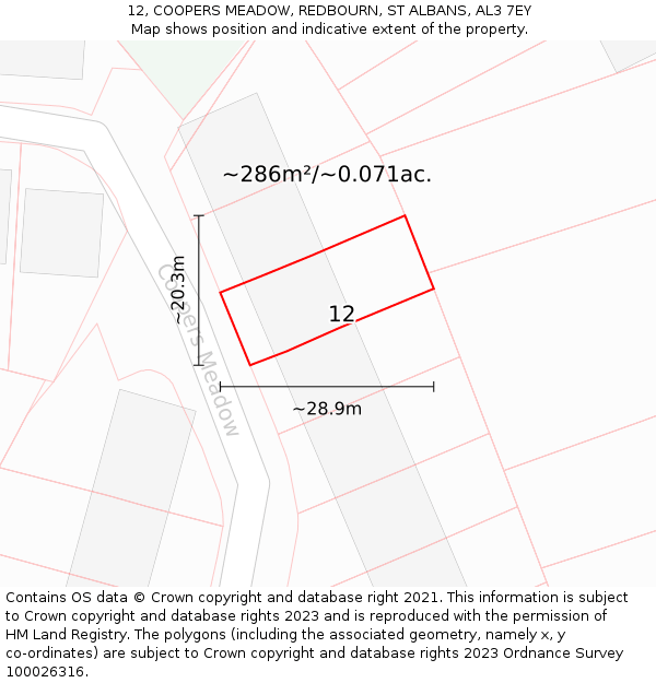 12, COOPERS MEADOW, REDBOURN, ST ALBANS, AL3 7EY: Plot and title map