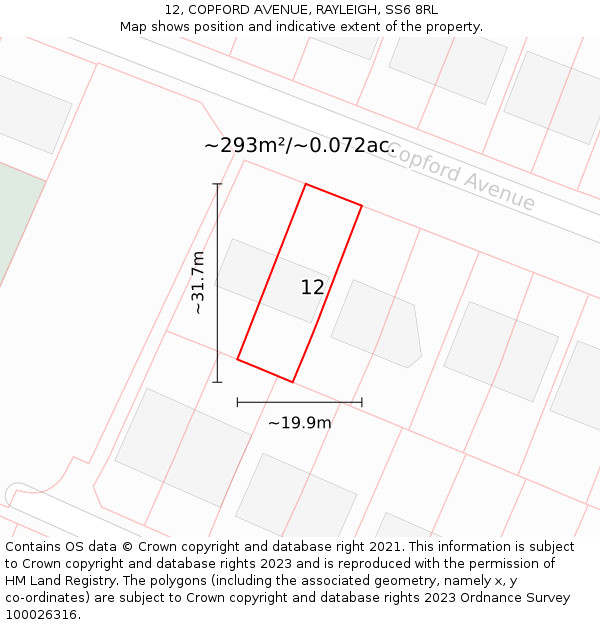 12, COPFORD AVENUE, RAYLEIGH, SS6 8RL: Plot and title map
