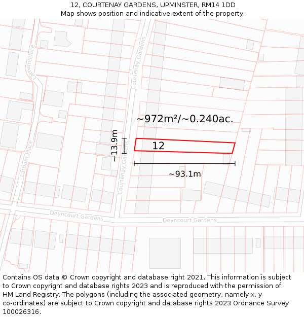 12, COURTENAY GARDENS, UPMINSTER, RM14 1DD: Plot and title map