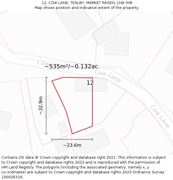 12, COW LANE, TEALBY, MARKET RASEN, LN8 3YB: Plot and title map