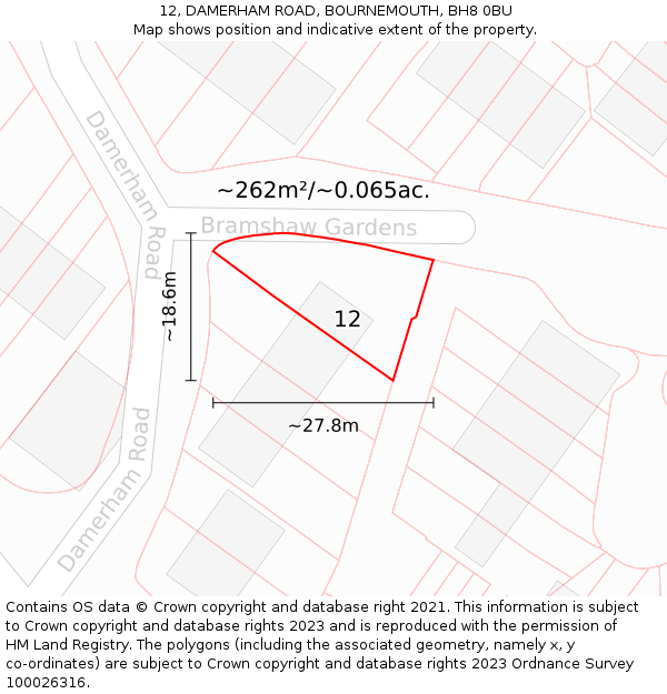 12, DAMERHAM ROAD, BOURNEMOUTH, BH8 0BU: Plot and title map