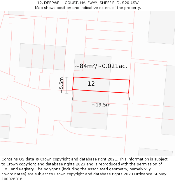 12, DEEPWELL COURT, HALFWAY, SHEFFIELD, S20 4SW: Plot and title map