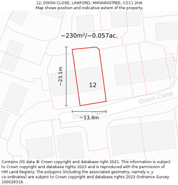 12, DIXON CLOSE, LAWFORD, MANNINGTREE, CO11 2HA: Plot and title map