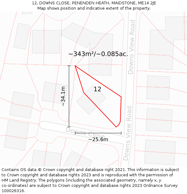 12, DOWNS CLOSE, PENENDEN HEATH, MAIDSTONE, ME14 2JE: Plot and title map