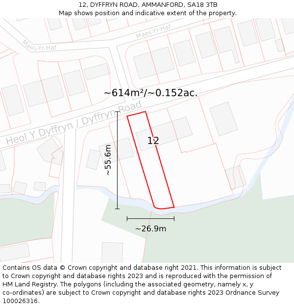 12, DYFFRYN ROAD, AMMANFORD, SA18 3TB: Plot and title map