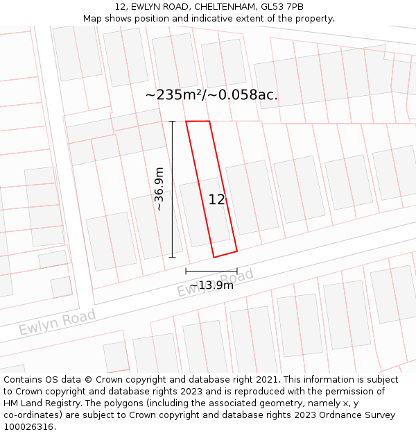 12, EWLYN ROAD, CHELTENHAM, GL53 7PB: Plot and title map