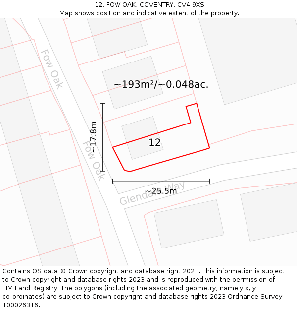 12, FOW OAK, COVENTRY, CV4 9XS: Plot and title map