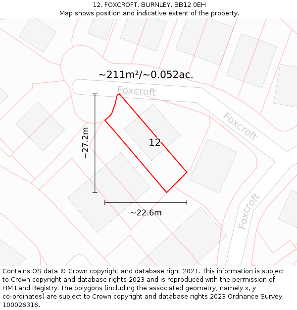 12, FOXCROFT, BURNLEY, BB12 0EH: Plot and title map