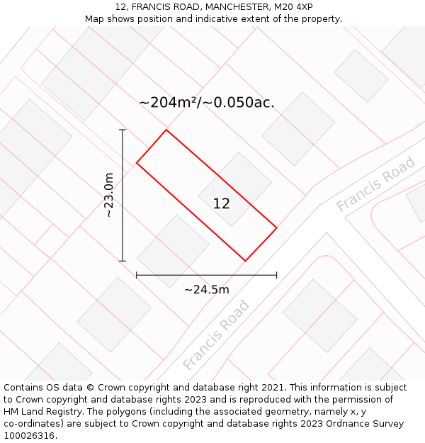 12, FRANCIS ROAD, MANCHESTER, M20 4XP: Plot and title map