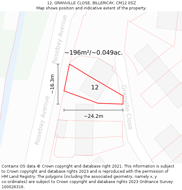 12, GRANVILLE CLOSE, BILLERICAY, CM12 0SZ: Plot and title map