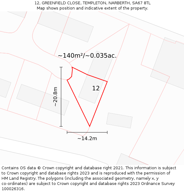 12, GREENFIELD CLOSE, TEMPLETON, NARBERTH, SA67 8TL: Plot and title map