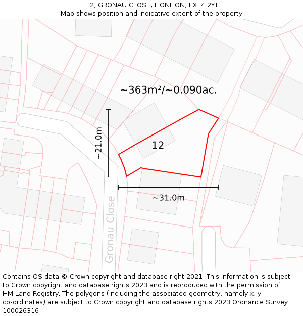 12, GRONAU CLOSE, HONITON, EX14 2YT: Plot and title map