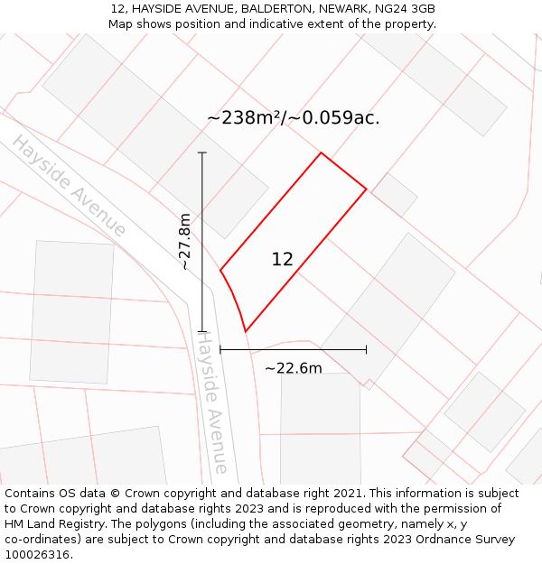 12, HAYSIDE AVENUE, BALDERTON, NEWARK, NG24 3GB: Plot and title map