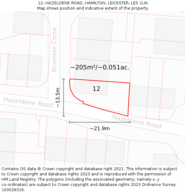 12, HAZELDENE ROAD, HAMILTON, LEICESTER, LE5 1UA: Plot and title map