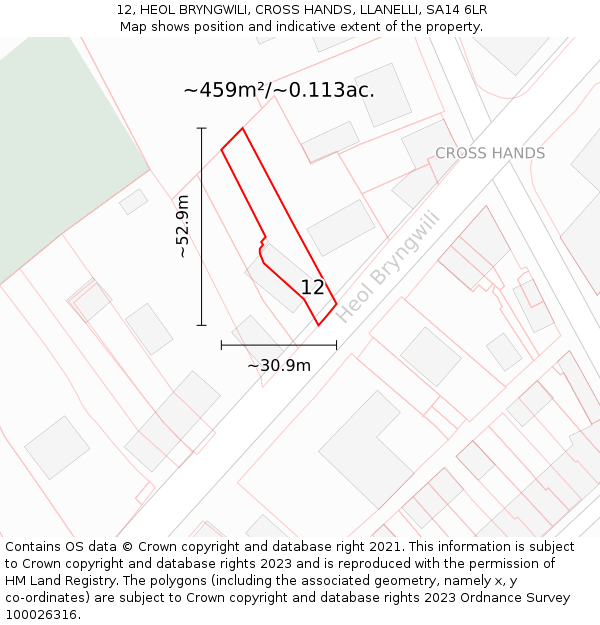 12, HEOL BRYNGWILI, CROSS HANDS, LLANELLI, SA14 6LR: Plot and title map