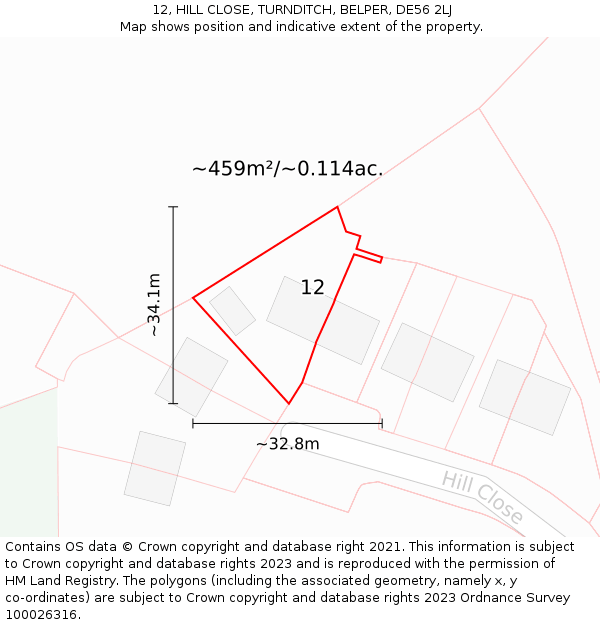 12, HILL CLOSE, TURNDITCH, BELPER, DE56 2LJ: Plot and title map