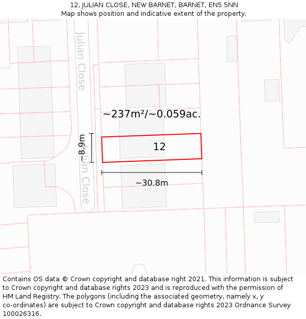 12, JULIAN CLOSE, NEW BARNET, BARNET, EN5 5NN: Plot and title map